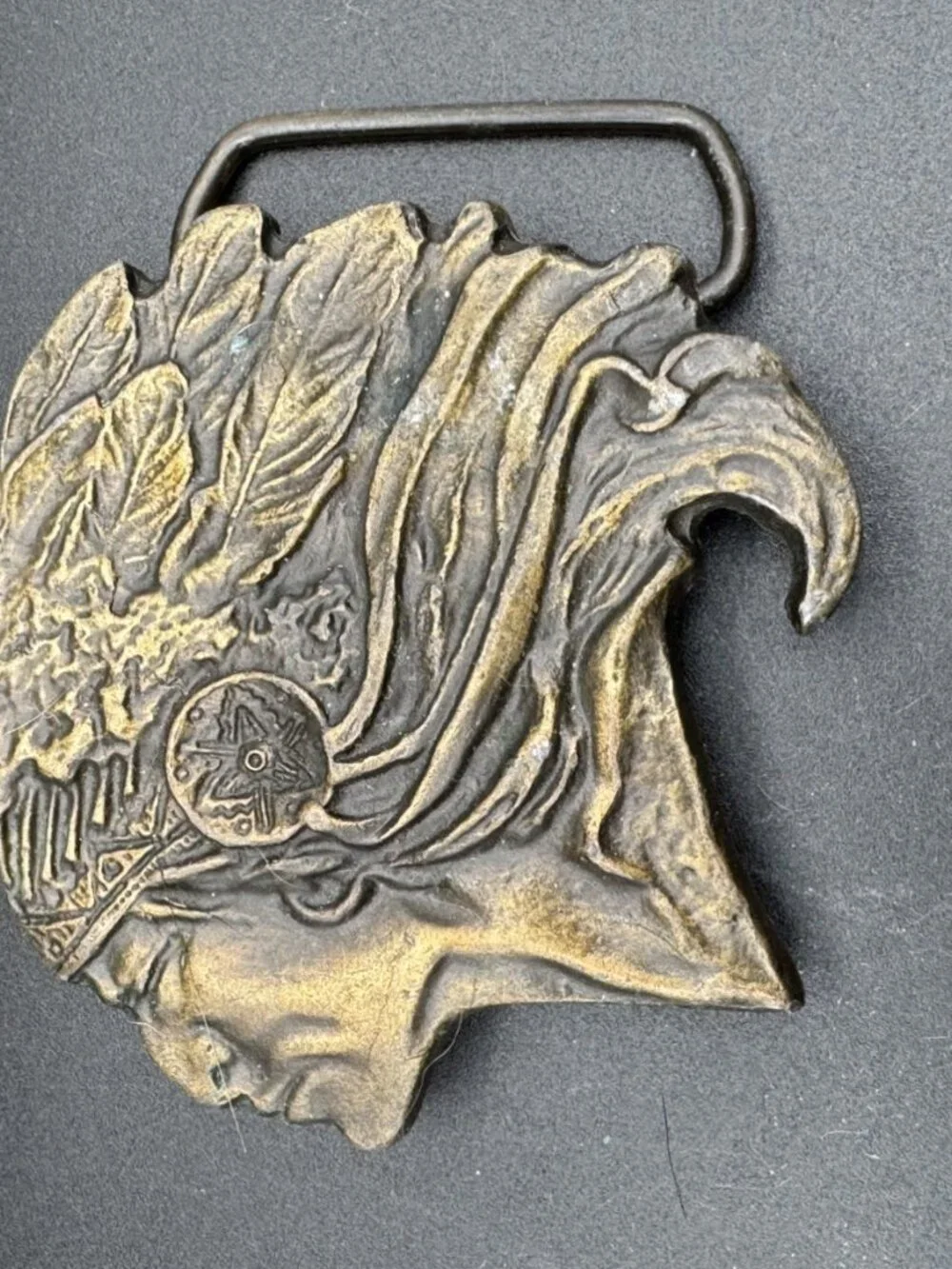 Vintage Solid Brass Native American Indian Chief Head Belt Buckle **READ**